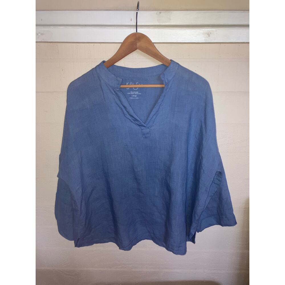 KYLA SEO 100% Linen Popover Top Blouse Blue Size Large L HANDMADE BOXY LAGENLOOK - Picture 2 of 8